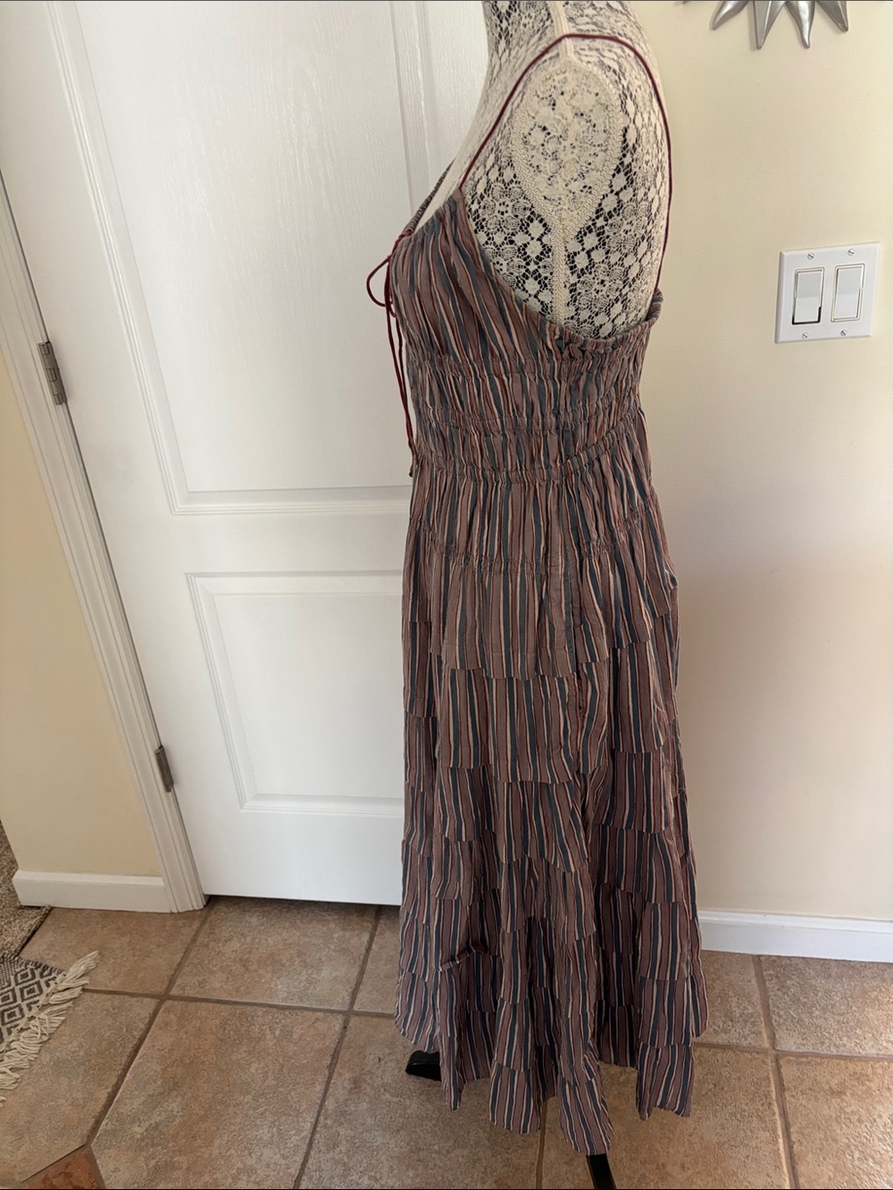 Free People Going Steady Rust Blue Striped Tiered Midi Dress-M - Picture 7 of 10